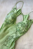 Green V-neck exquisite embroidery long satin ball gown evening dress HZ1023