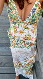 Beige light color floral spaghetti strap backless V-neck long fashionable and elegant lace prom dress evening dress party dress HZ1023