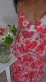 Hot Red Floral Print A-Line Backless Ruffle Long Chiffon Elegant Sexy Ball Gown Evening Dress Party Dress HZ1023