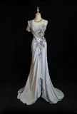 Grey Mermaid Embroidery Applique Exquisite Beading Sequin Spaghetti Strap Long satin Ball Gown Evening Gown Party Dress HZ1023