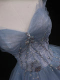 Blue Gorgeous Exquisite Beading A-line Tulle Long Prom Gown Evening Gown Formal Graduation Dress HZ1023