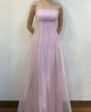 Pink Elegant Beautiful Floral Vintage A-Line Spaghetti Strap Long Chiffon Tulle Ball Gown Evening Dress Birthday Party Dress Prom Dress HZ1023