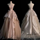 Pink Gorgeous Elegant Exquisite Beading A-Line Off Shoulder Long Tulle Ball Gown Evening Gown Wedding Dress HZ1023