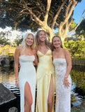 Green/Yellow Fashion Charming Mermaid Spaghetti Straps V Neck Sexy Slit Long Satin Elegant Prom Dress, Evening Dress, Party Dress HZ1023