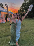 Green/Yellow Fashion Charming Mermaid Spaghetti Straps V Neck Sexy Slit Long Satin Elegant Prom Dress, Evening Dress, Party Dress HZ1023