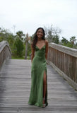 Green/Yellow Fashion Charming Mermaid Spaghetti Straps V Neck Sexy Slit Long Satin Elegant Prom Dress, Evening Dress, Party Dress HZ1023
