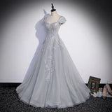 Grey Sweetheart Lace And Tulle A-Line Evening Dress, Light Grey Prom Dress HZ1023