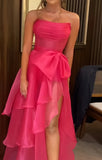 Hot pink sweet elegant bow strapless organza tiered long evening gown formal prom dress party dress HZ1023