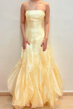 Yellow elegant fashion off-shoulder sleeveless tube top long chiffon ruffle formal prom dress evening dress party dress HZ1023