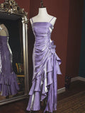 Blue shiny stylish elegant spaghetti straps long satin ball gown evening dress party dress HZ1023