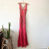 Pink Stunning Vintage Flowing Elegant Delicate Beaded Open Back Long Floor Length Mermaid Style Skirt Satin Ball Gown Evening Gown Birthday Party Gown Prom Gown HZ1023