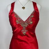 Red beautiful elegant fashion exquisite beaded spaghetti straps long satin slit prom dress ball gown evening dress party dress HZ1023
