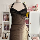 Brown and cream fashion gradient beautiful unique glitter maxi dress suspender vintage elegant long chiffon tulle ball gown evening dress party dress prom dress HZ1023