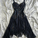 Dark Fairy Retro Navy Blue Fashion Elegant Beautiful Exquisite Gemstone Beaded Mid-Length Chiffon Ruffles Handmade Custom Prom Dress Evening Dress Party Dress Prom Dress HZ1023