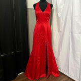 Cherry Red Vintage Exquisite Beading Gorgeous Bright Sexy Backless Long Satin Slit Formal Prom Dress Evening Dress Wedding Guest Dress Birthday Party Dress HZ1023