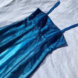 Vintage Fashion Blue Delicate Floral Beaded Ombre Spaghetti Strap Long Satin Tulle Fairy Ball Gown Square Neck Prom Dress Evening Dress Birthday Party Dress HZ1023