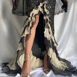 Black shiny elegant ruffle tulle long sequined ball gown prom dress evening gown Party Dresses HZ1023