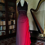Burgundy retro gradient fashion elegant exquisite beaded sling long chiffon ball gown, evening dress, party dress,prom dress HZ1023