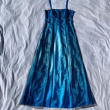 Vintage Fashion Blue Delicate Floral Beaded Ombre Spaghetti Strap Long Satin Tulle Fairy Ball Gown Square Neck Prom Dress Evening Dress Birthday Party Dress HZ1023