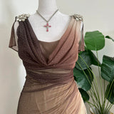 Brown and Cream Sparkly Ombre Stunning Shiny Vintage Fashion Stunning Elegant Delicate Rhinestone Long Chiffon Ball Gown Evening Gown Birthday Party Gown Fairy Ball Gown Graduation Gown HZ1023