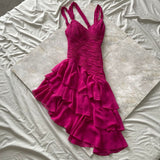 Purple Magenta Fashion Elegant Pleated Corset Midi Short Mini Asymmetric Chiffon Ruffle Homecoming Dress Prom Dress Evening Dress Party Dress Dance Dress HZ1023
