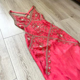 Pink Stunning Vintage Flowing Elegant Delicate Beaded Open Back Long Floor Length Mermaid Style Skirt Satin Ball Gown Evening Gown Birthday Party Gown Prom Gown HZ1023