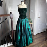 Dark Green Vintage Fashion Floral Swirl Pattern Corset Long Satin Velvet Corset Style Formal Prom Dress Evening Gown HZ1023