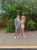Pink Shiny Elegant Fashion V-Neck Mermaid Long Sequin Slit Sexy Floor-Length Ball Gown Evening Gown Party Dress HZ1023