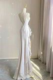 Black/Wine Red/White Fashion Elegant Spaghetti Strap Backless Long Chiffon Mermaid Slim Ruffle Ball Gown HZ1023