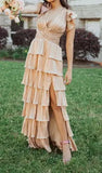 Gold Fashion Elegant Simple A-line Layered Long Sexy Slit Satin Ball Gown Evening Dress HZ1023