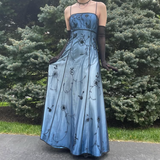 Blue/Grey Delicate Beaded Long Tulle Elegant Ball Gown Evening Dress Formal Birthday Party Dress Prom Dress HZ1023