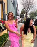 Pink Spaghetti Straps Fashion Elegant Long Chiffon Ruffle Ball Gown Evening Dress Party Dress HZ1023