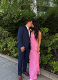 Pink Spaghetti Straps Fashion Elegant Long Chiffon Ruffle Ball Gown Evening Dress Party Dress HZ1023