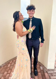 Light Yellow Shiny Floral Long Slim Fit Sequined Ball Gown Evening Dress Party Dress HZ1023