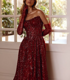 Burgundy shiny sexy Sequins elegant sweetheart neckline Long slit ball gown evening dress with gloves HZ1023