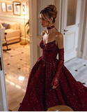 Burgundy shiny sexy Sequins elegant sweetheart neckline Long slit ball gown evening dress with gloves HZ1023