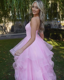 Pink fashion sweet long elegant tulle floor-length ball gown evening gown graduation gown coming of age ceremony gown HZ1023