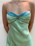 Green Vintage Fashion Beaded Spaghetti Straps Long satin Formal Prom Dress, Evening Dress, Party Dress HZ1023