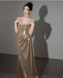 Gold Gorgeous Fashion Elegant Exquisite Beaded Long Sequin Mermaid Slim Ball Gown Evening Dress HZ1023