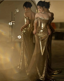 Gold Gorgeous Fashion Elegant Exquisite Beaded Long Sequin Mermaid Slim Ball Gown Evening Dress HZ1023