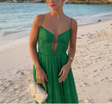 Green A-line V-neck halter chiffon long evening gown party dress wedding guest dress HZ1023