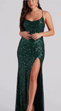 Emerald green/silver/orange/pink/yellow elegant sexy fashion spaghetti strap sequins mermaid slim fit slit long floor length prom dress evening dress party dress HZ1023