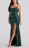Emerald green/silver/orange/pink/yellow elegant sexy fashion spaghetti strap sequins mermaid slim fit slit long floor length prom dress evening dress party dress HZ1023