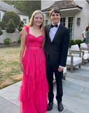 Pink fuchsia fashion elegant tulle flying sleeves shoulder straps long ruffled tulle formal floor-length prom dress evening gown party dress graduation dress HZ1023
