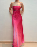 Pink Fashion Gradient Elegant Fairy Exquisite Beading Spaghetti Strap Long Satin Ball Gown Evening Dress Birthday Party Dress Prom Dress HZ1023