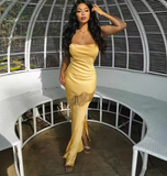 Yellow new lace spaghetti straps sexy backless mid-length elegant satin prom dress evening dress party dress HZ1023