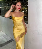 Yellow new lace spaghetti straps sexy backless mid-length elegant satin prom dress evening dress party dress HZ1023