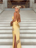 Yellow new lace spaghetti straps sexy backless mid-length elegant satin prom dress evening dress party dress HZ1023