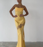 Yellow new lace spaghetti straps sexy backless mid-length elegant satin prom dress evening dress party dress HZ1023