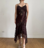 Brown Vintage Elegant Exquisite Floral Beading Spaghetti Strap Long Satin Lace Ball Gown Evening Dress Birthday Party Dress Prom Dress HZ1023